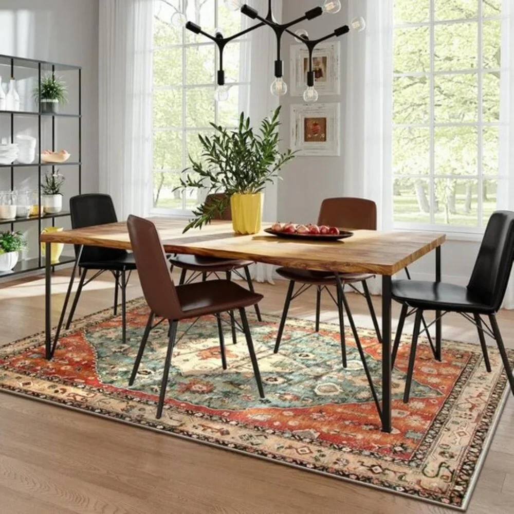 5x7 Boho Tribal Rug, Washable Distressed Rust/Teal Carpet for Living & Dining
